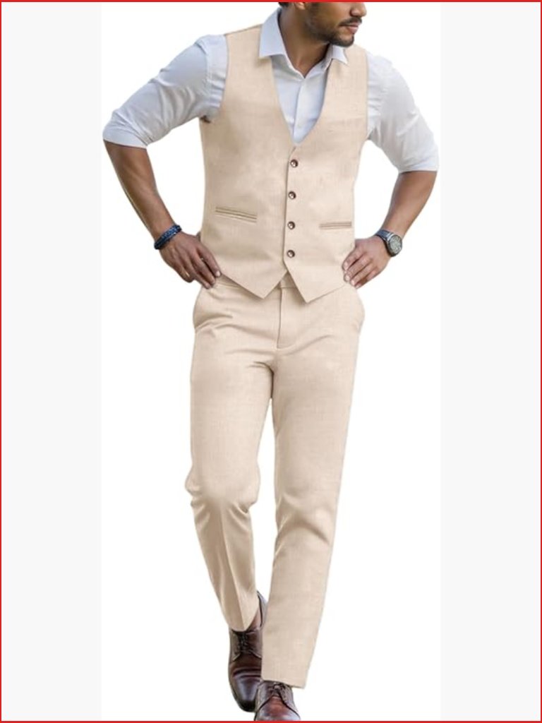 Linen Suit Set - Vest & Pants 2 Piece Slim Fit Wedding Beach